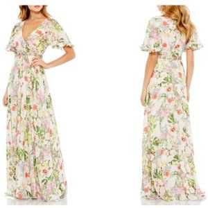 MAC DUGGAL FLORAL MULTI  PRINT FLUTTER SLEEVE EMBELLISHED WAIST GOWN sz 8